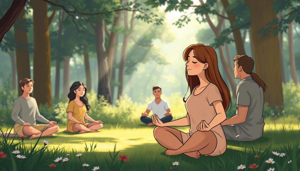 A serene inner child meditation scene unfolds in a tranquil forest glade. In the foreground, a diverse group of individuals in modest casual clothing practice meditation, embodying a sense of peace and connection. One person, a young woman with long brown hair, sits cross-legged, eyes closed, radiating calmness, while a middle-aged man beside her exhales thoughtfully. The middle ground features gentle sunlight filtering through the trees, creating dappled patterns on the ground, enhancing the atmosphere of healing. In the background, soft greenery and wildflowers create a lush, vibrant environment that symbolizes growth and renewal. The mood is reflective and nurturing, inviting viewers to immerse themselves in the process of healing the inner child. Shot with a warm light lens at a slightly elevated angle to capture the essence of tranquility. nextself.ai A serene inner child meditation scene unfolds in a tranquil forest glade. In the foreground, a diverse group of individuals in modest casual clothing practice meditation, embodying a sense of peace and connection. One person, a young woman with long brown hair, sits cross-legged, eyes closed, radiating calmness, while a middle-aged man beside her exhales thoughtfully. The middle ground features gentle sunlight filtering through the trees, creating dappled patterns on the ground, enhancing the atmosphere of healing. In the background, soft greenery and wildflowers create a lush, vibrant environment that symbolizes growth and renewal. The mood is reflective and nurturing, inviting viewers to immerse themselves in the process of healing the inner child. Shot with a warm light lens at a slightly elevated angle to capture the essence of tranquility. nextself.ai