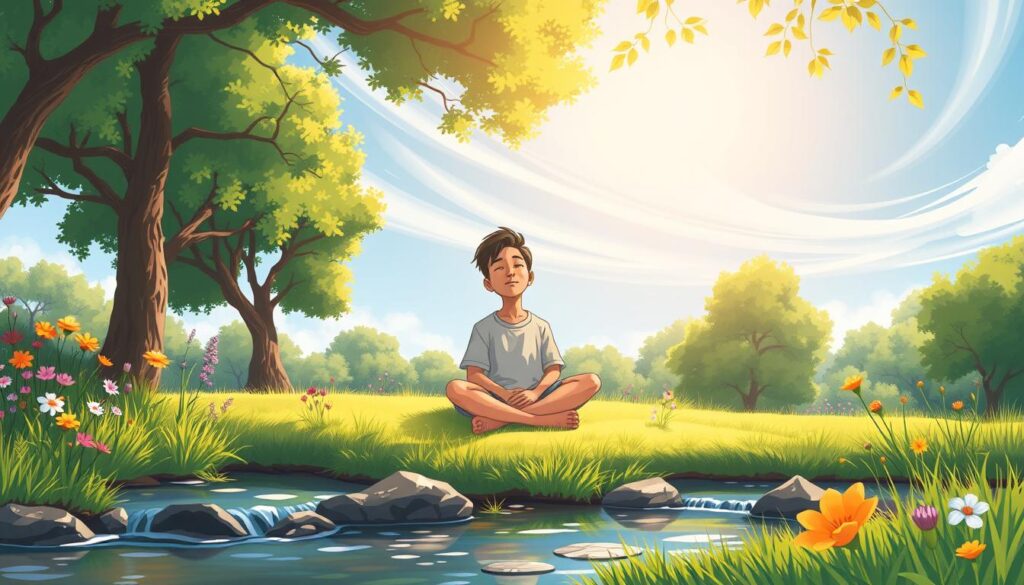 A serene, introspective scene depicting a peaceful garden representing healing for the inner child. In the foreground, a gently flowing stream reflects sunlight, while colorful wildflowers bloom along the banks. In the middle, a person in modest casual clothing sits cross-legged on a soft patch of grass, eyes closed, embodying tranquility and self-reflection. Surrounding them, lush green trees provide a sense of safety and nurturing. In the background, a bright blue sky with wispy white clouds enhances the uplifting atmosphere. Soft, golden light filters through the leaves, creating a warm and inviting ambiance. The overall mood is calm and hopeful, symbolizing the journey of healing. Style reminiscent of impressionist painters. --v 5 --ar 16:9 --q 2 --s 750 --style 4b by nextself.ai A serene, introspective scene depicting a peaceful garden representing healing for the inner child. In the foreground, a gently flowing stream reflects sunlight, while colorful wildflowers bloom along the banks. In the middle, a person in modest casual clothing sits cross-legged on a soft patch of grass, eyes closed, embodying tranquility and self-reflection. Surrounding them, lush green trees provide a sense of safety and nurturing. In the background, a bright blue sky with wispy white clouds enhances the uplifting atmosphere. Soft, golden light filters through the leaves, creating a warm and inviting ambiance. The overall mood is calm and hopeful, symbolizing the journey of healing. Style reminiscent of impressionist painters. --v 5 --ar 16:9 --q 2 --s 750 --style 4b by nextself.ai
